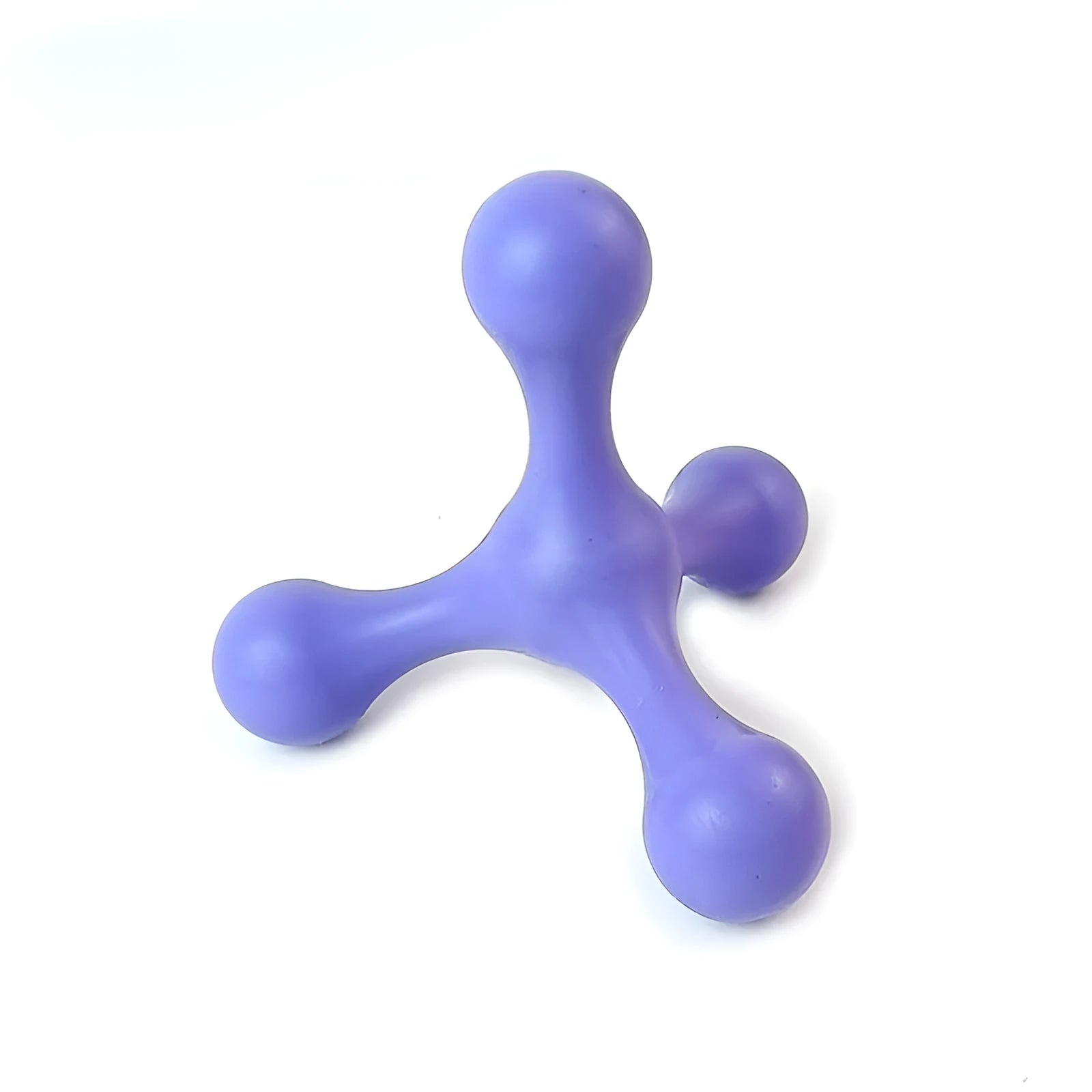 Blue silicone three-legged chew toy for puppies on a white background.