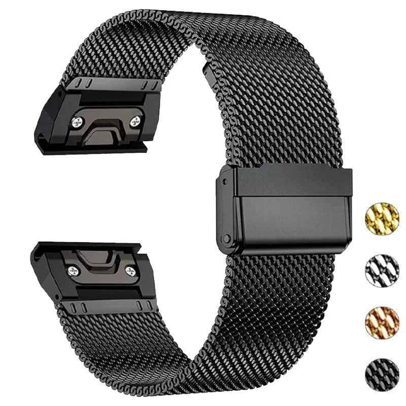 Stainless steel replacement watch strap for Garmin Fenix 7X 7 Pro 6X 6 models in silver, black, gold, rose gold.