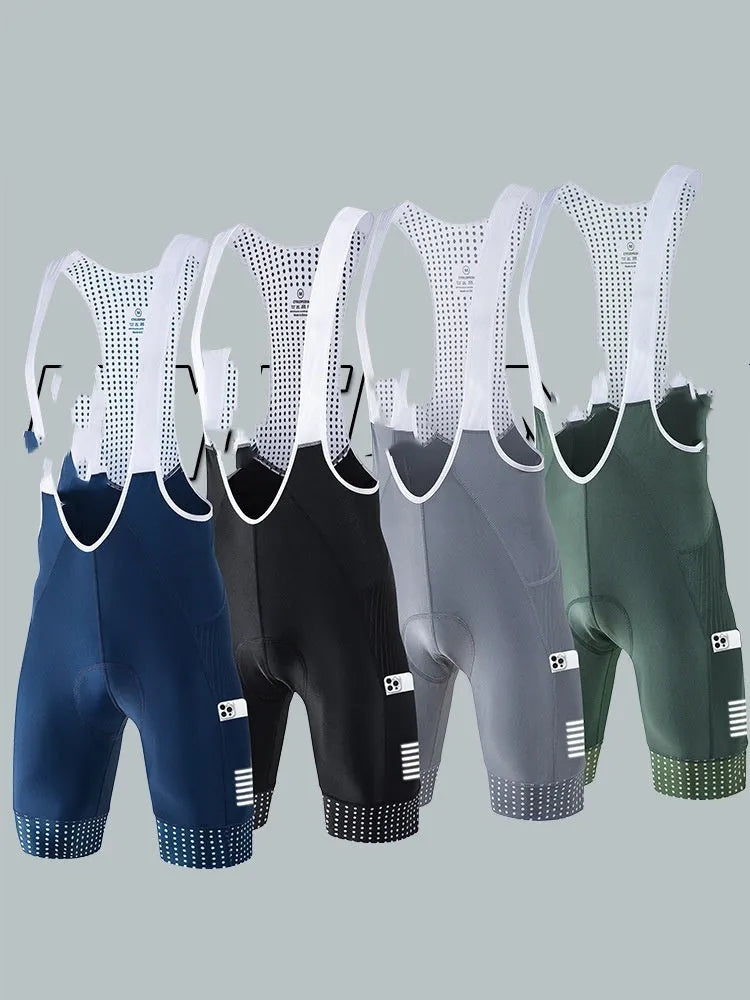 Men's black suspender shorts for road bike cycling with integrated straps and polyester fabric