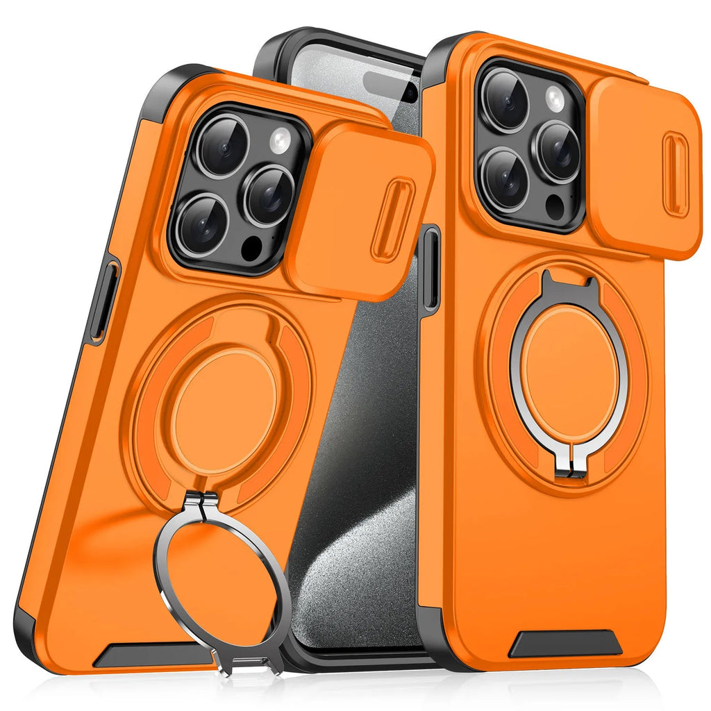 Black PC phone case with sliding window bracket for Apple iPhone 15 Pro Max, drop-resistant design