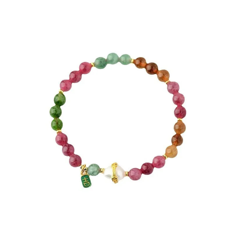 Geometric unisex bracelet made from chalcedony and tourmaline crystals, bead size 6.5mm.