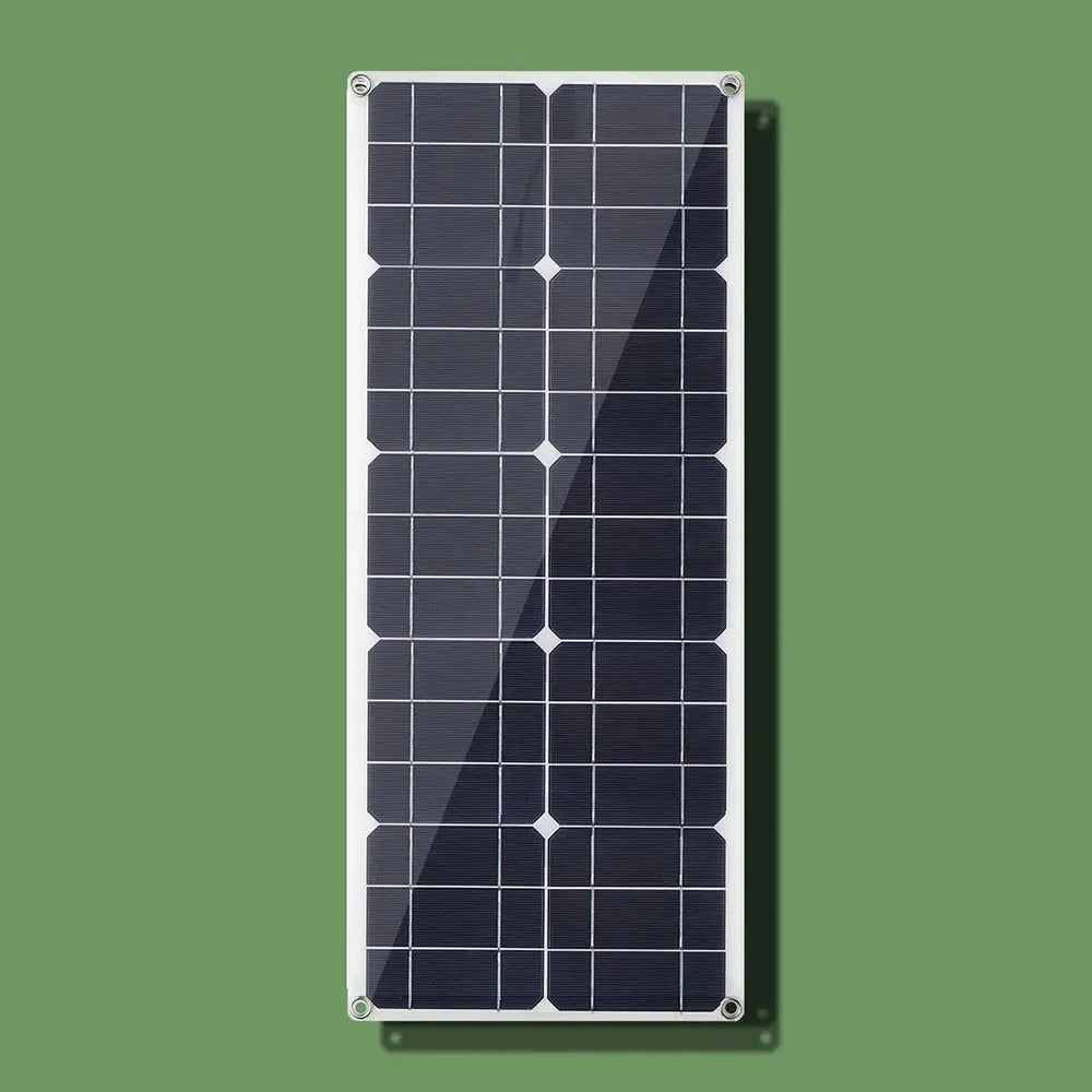 30W semi-flexible solar panel showing USB port and 18V output cable for outdoor charging.