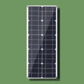30W semi-flexible solar panel showing USB port and 18V output cable for outdoor charging.
