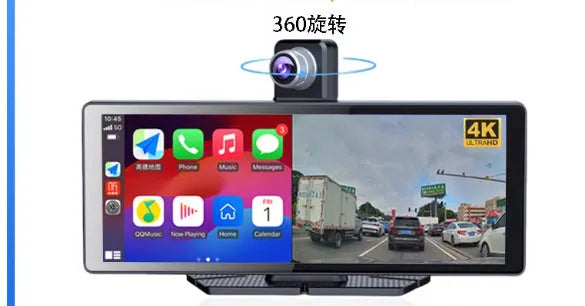 360° panoramic dash cam with 4MP touchscreen for front and rear dual recording in a car