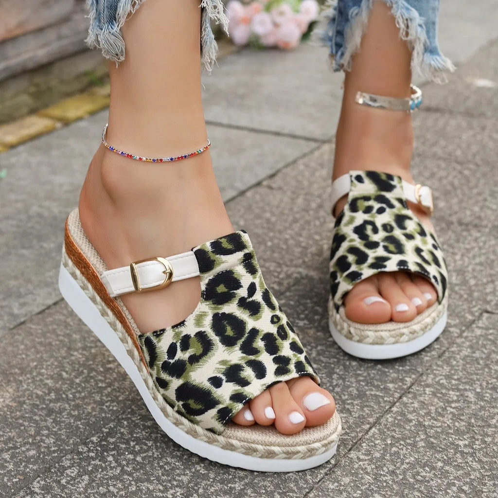 Leopard print wedge platform sandals with fish mouth toe in beige, light green, and yellow colours.