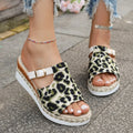 Leopard print wedge platform sandals with fish mouth toe in beige, light green, and yellow colours.