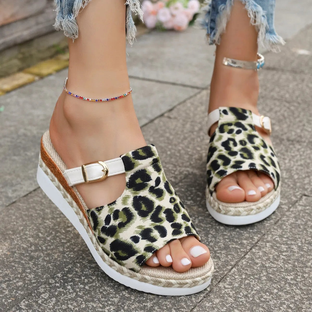 Leopard print wedge platform sandals with fish mouth toe in beige, light green, and yellow colours.
