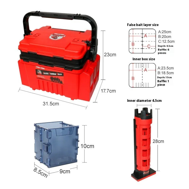 Portable double-layer ABS fishing box in blue with compartments, pole holder, and cup holder