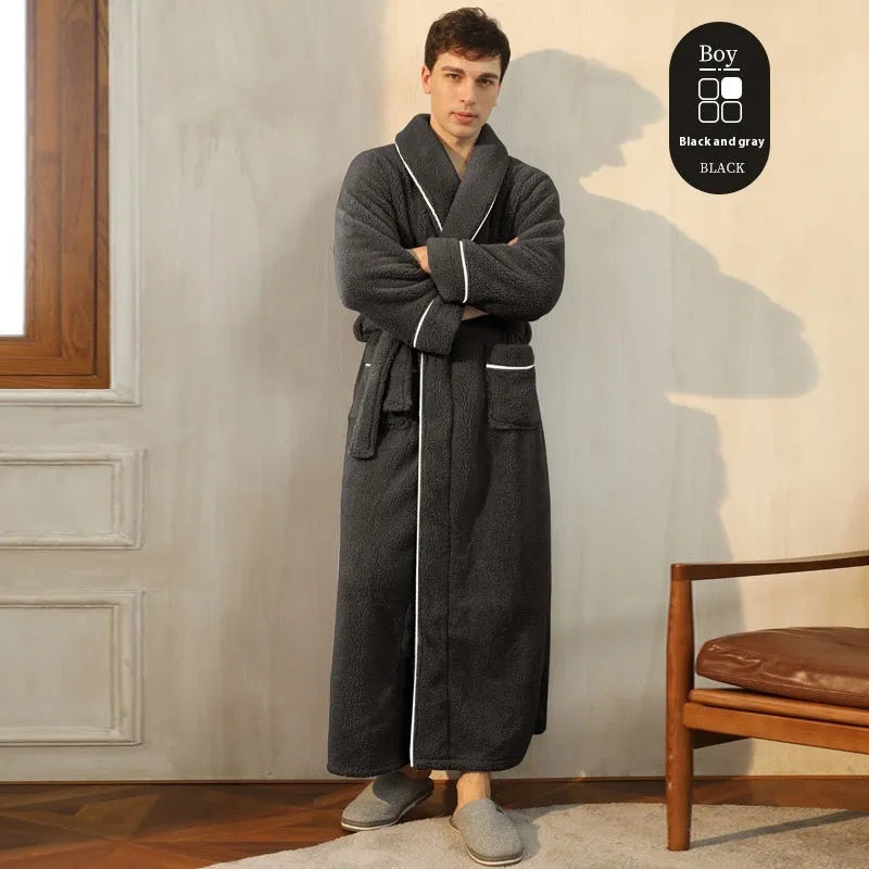 Super thick flannel couple's bathrobe in navy blue, shown on a hanger.