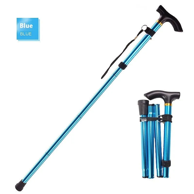 Aluminium folding walking cane with a non-slip handle, shown extended and in silver colour.