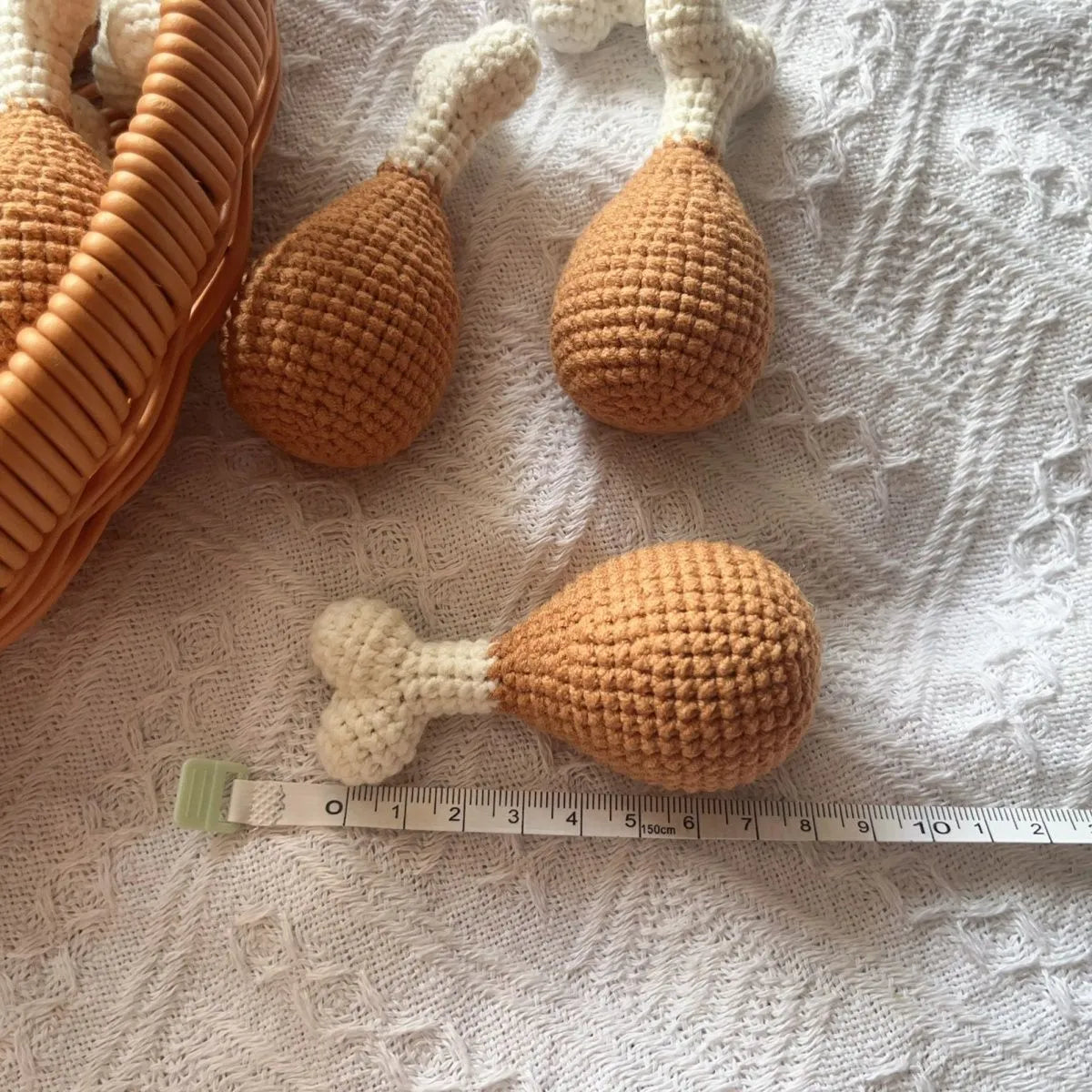 Handmade crocheted chicken leg key chain pendant in colourful plush yarn