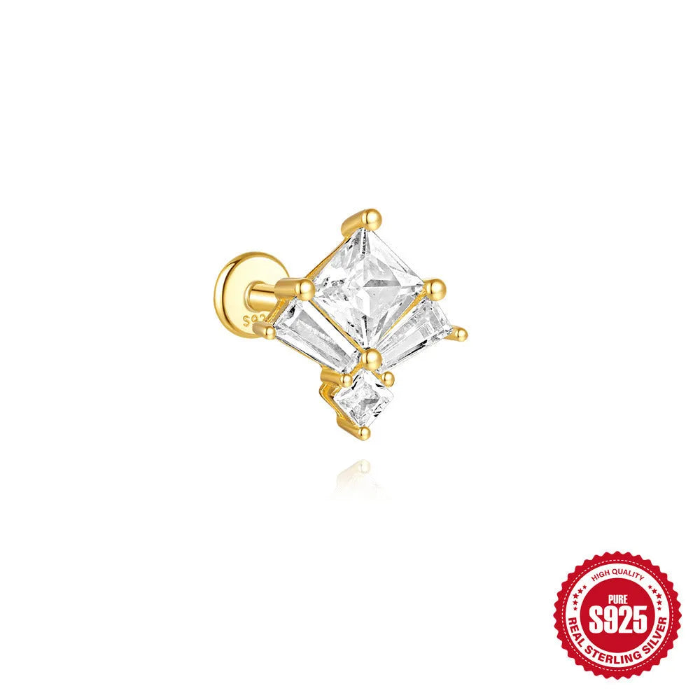 S925 sterling silver stud earring with golden double piercing design and zircon inlaid detail on a white background.