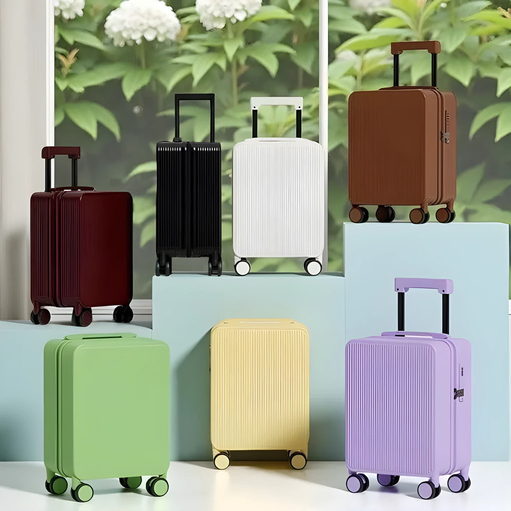 PC trolley case zipper suitcase in solid colour with universal wheels for business travel, available in 16-19 inch sizes