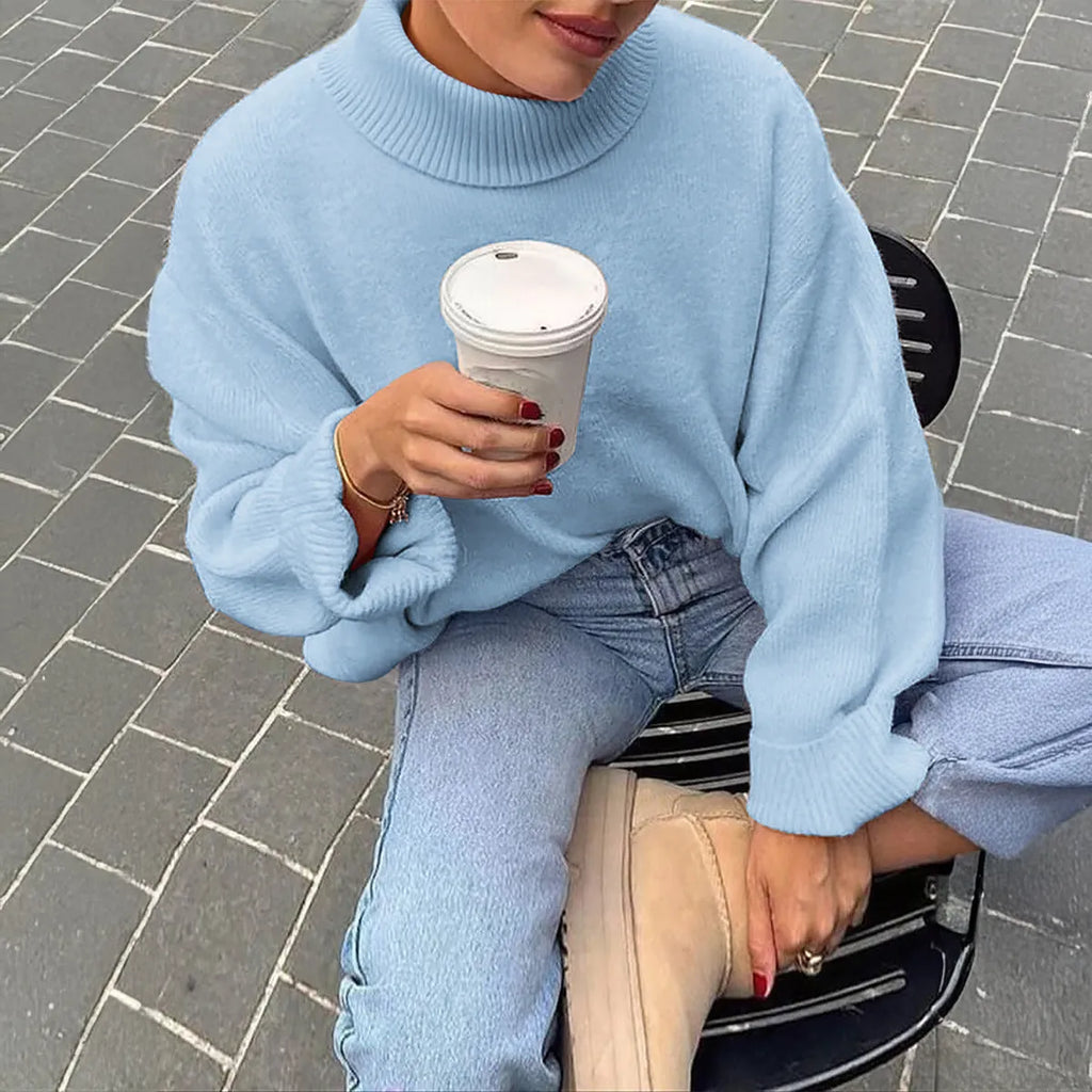 Casual solid colour long-sleeved polyester pullover sweater in light blue, front view