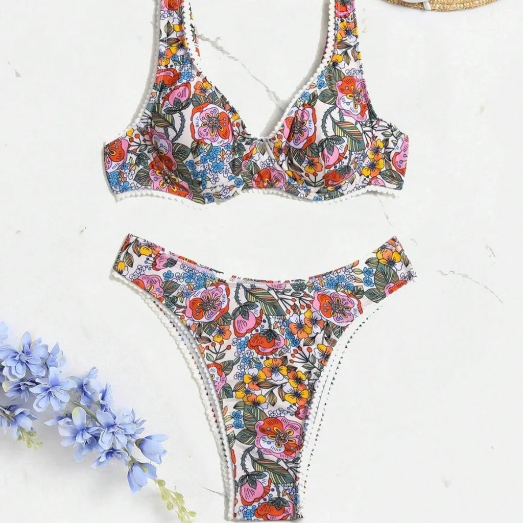 Women's floral print bikini with underwire bra and high-waisted briefs with side ties