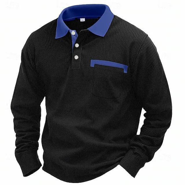 Man wearing a dark green waffle-knit long-sleeved polo shirt with an asymmetric design detail.