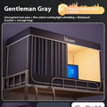 Gentleman Grey bed curtain with integrated mosquito net for a 0.9m wide bed, shown on a three-door bracket.