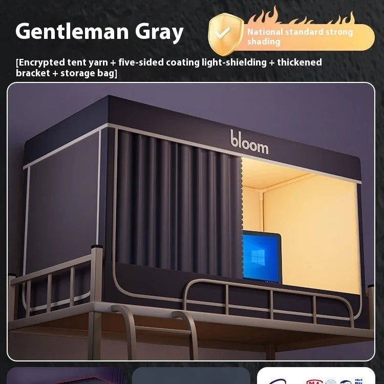 Gentleman Grey bed curtain with integrated mosquito net for a 0.9m wide bed, shown on a three-door bracket.