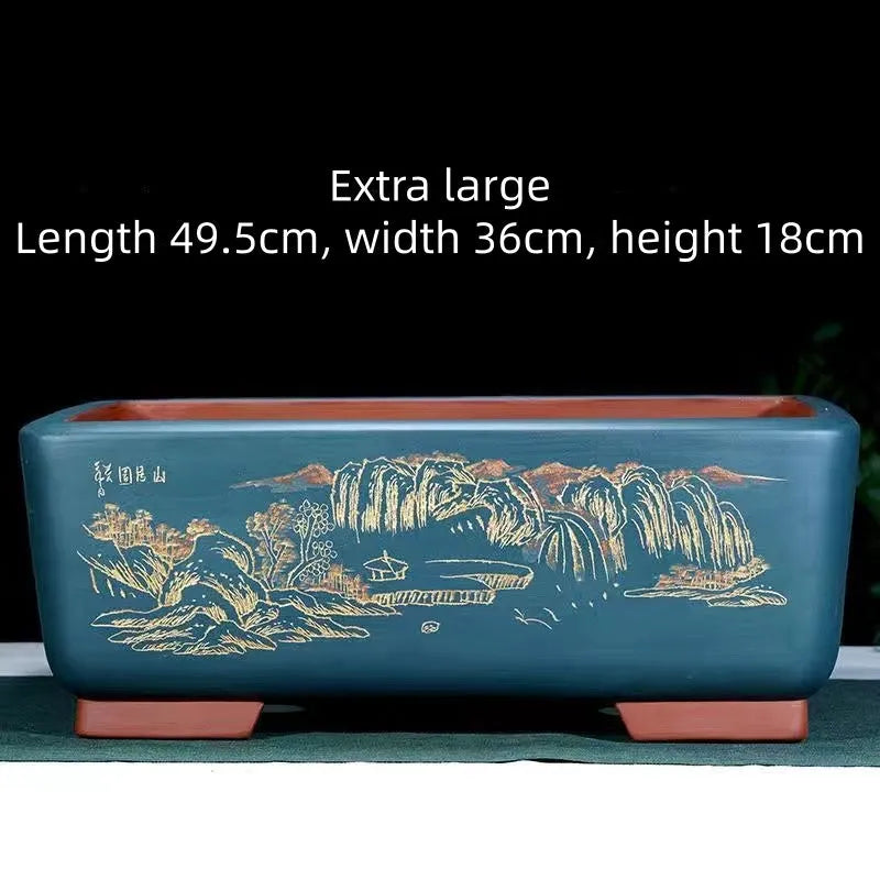 Large handmade rectangular purple clay bonsai pot in deep blue black for pine trees.