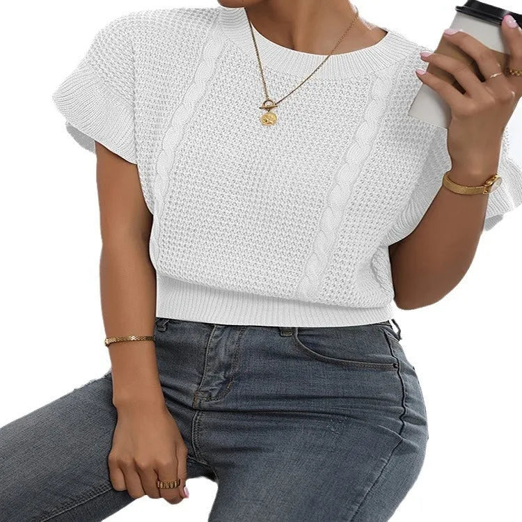 Twisted string design knitted pullover sweater with ruffled short sleeves in loose fit.