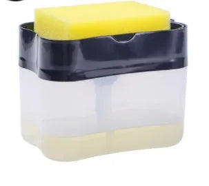 Plastic kitchen soap dispenser in silver colour on a countertop