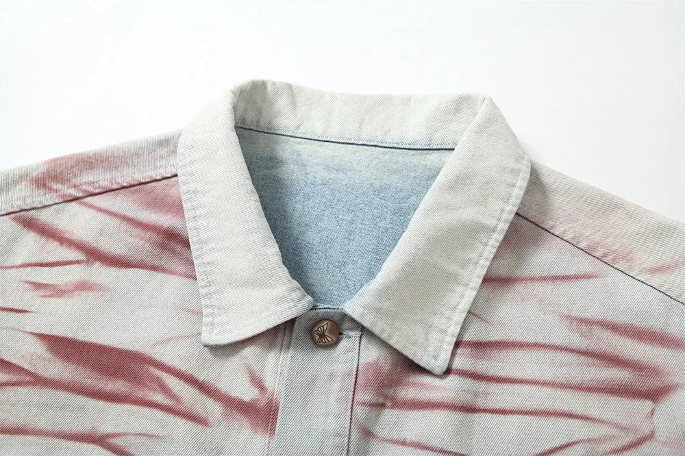 Blue inkjet tie-dyed cotton denim loose jacket for men, long sleeves, straight hem, casual wear
