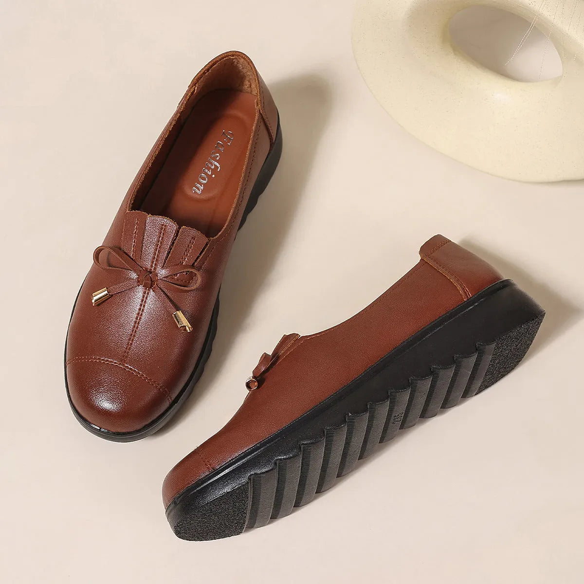 Women's non-slip flat shoes in wine red with soft microfiber upper and round toe
