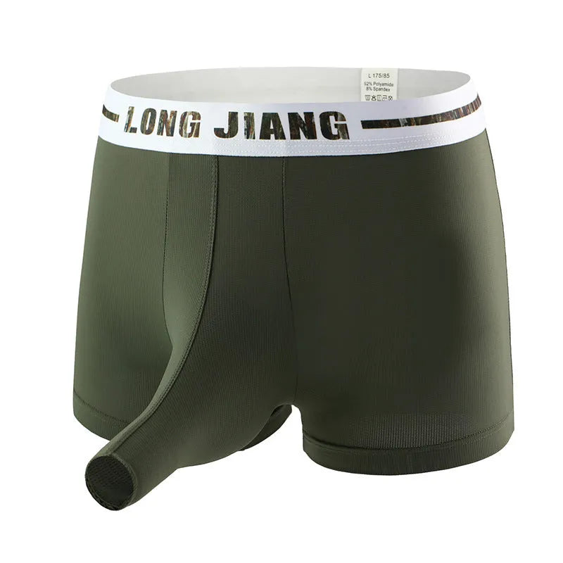 Men's solid colour ice silk boxer shorts in a mid-waist design on a white background.