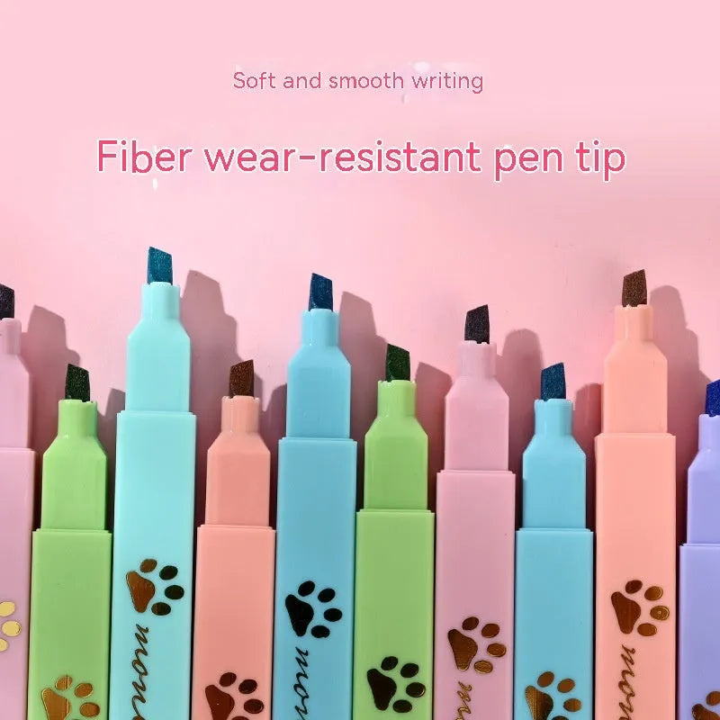 Cat's Paw brand box containing six fluorescent marker pens with oblique heads, in assorted colours.