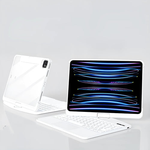 Transparent Bluetooth keyboard case for iPad Pro showing iPad visible through clear back.