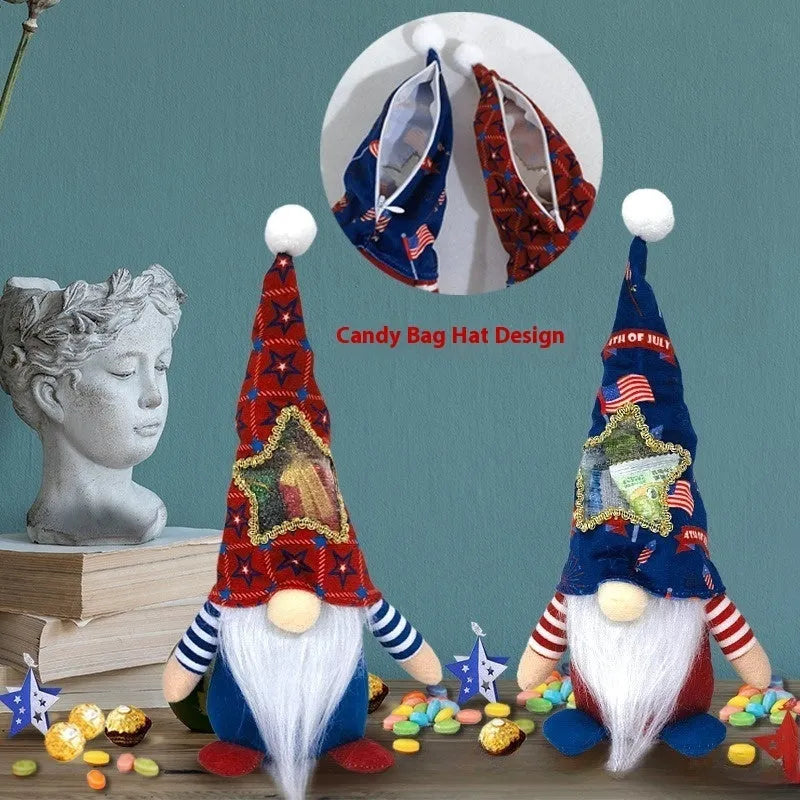 Two faceless Rudolf reindeer doll ornaments with candy bags on a festive background.