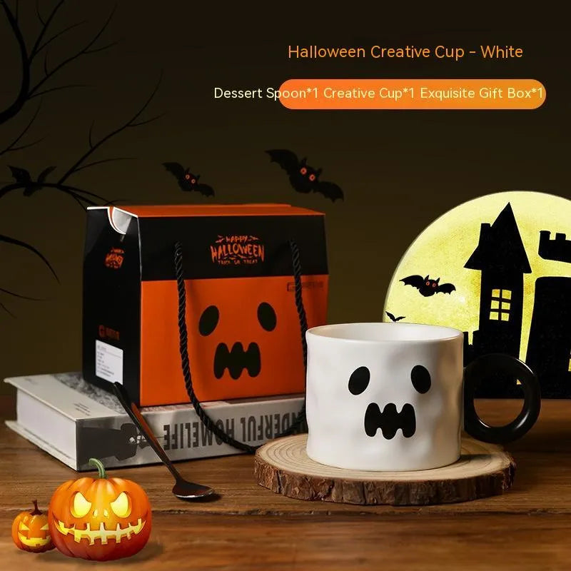 Halloween pumpkin ceramic mug with handle, spoon, and gift box in orange or white
