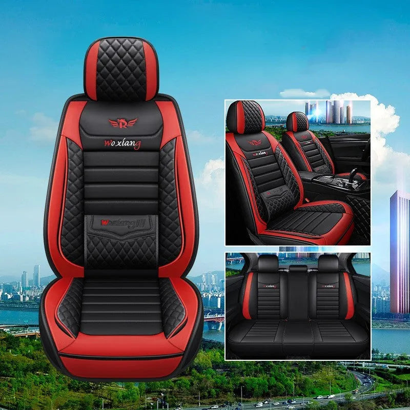 Universal car seat cushion with high elastic sponge filler in red, green, and black colour options.