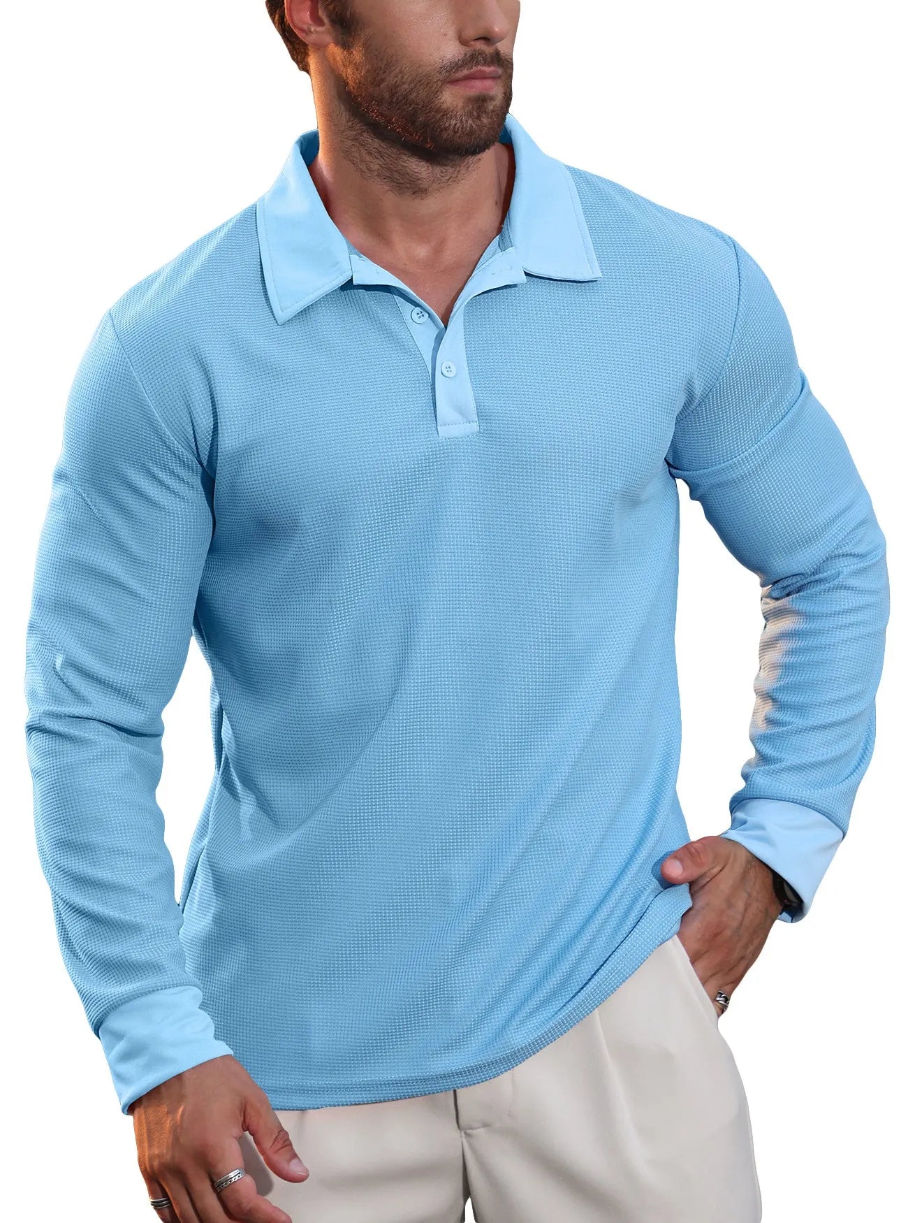 Men's lapel grid pattern long sleeve polyester sweater in autumn colours, front view