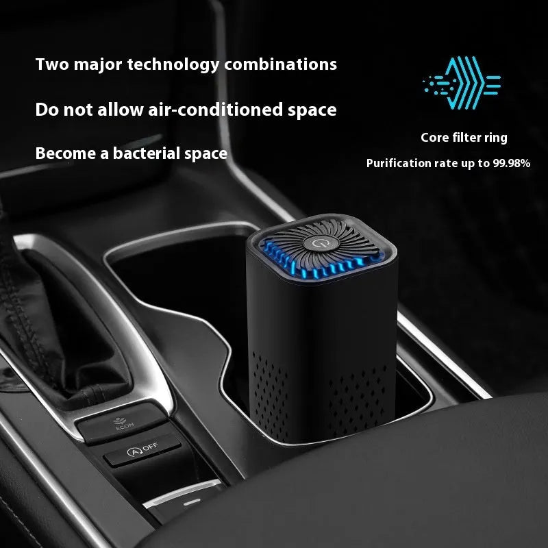 Compact USB air purifier in black or white for car and small space use