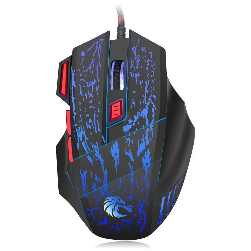 Water crack colourful luminous gaming mouse with USB cable on desktop