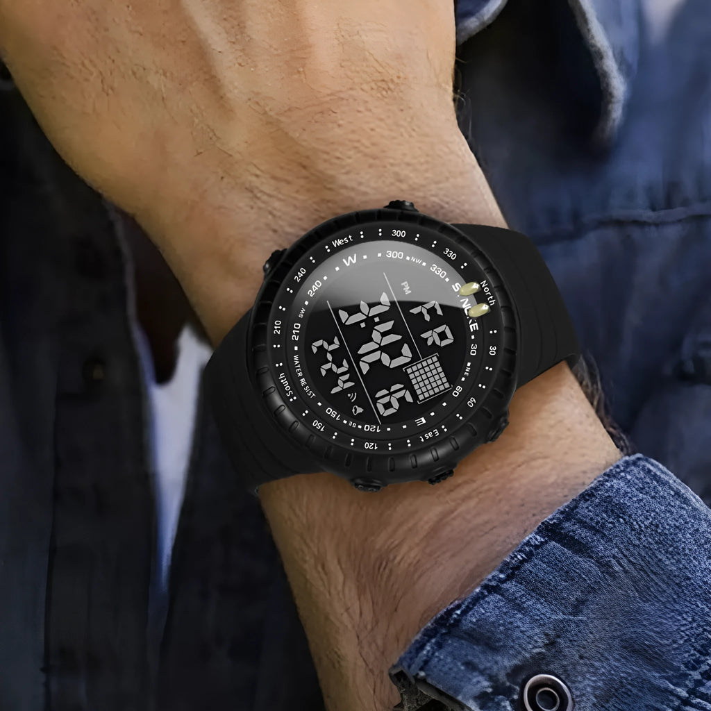 Black men's outdoor electronic waterproof watch with large dial on a PU strap