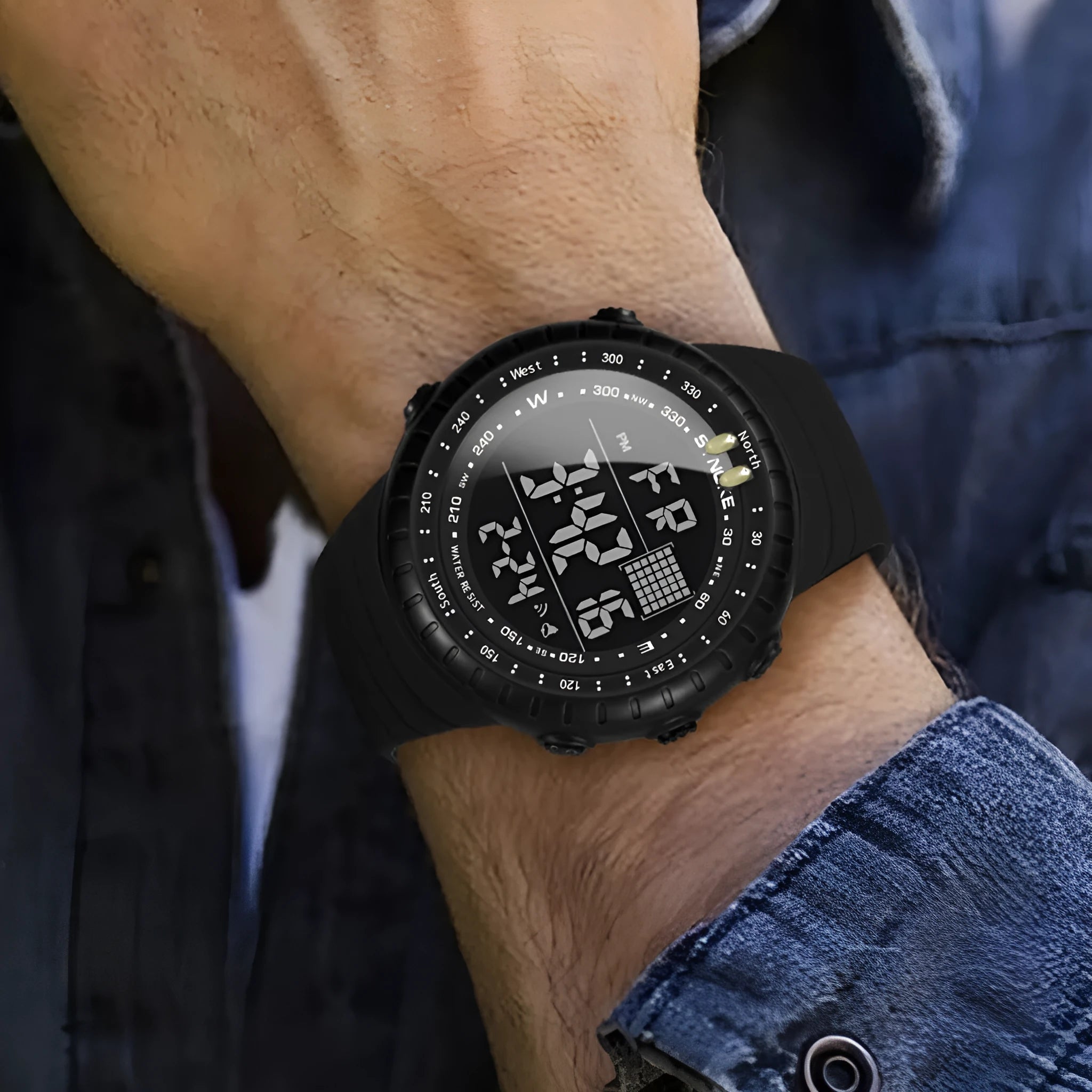 Black men's outdoor electronic waterproof watch with large dial on a PU strap