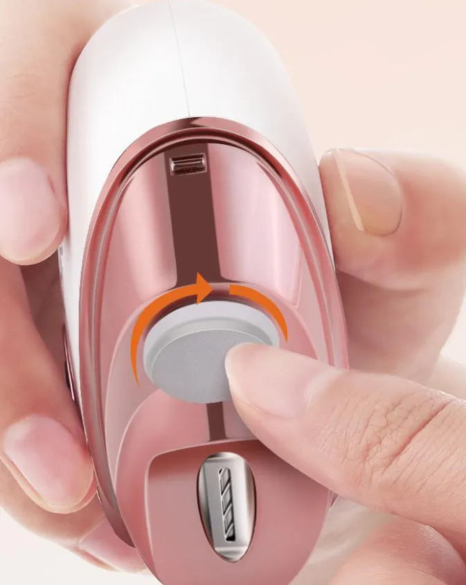 Blue electric nail clipper and polish two-in-one tool with USB-C charging cable and cleaning brush.