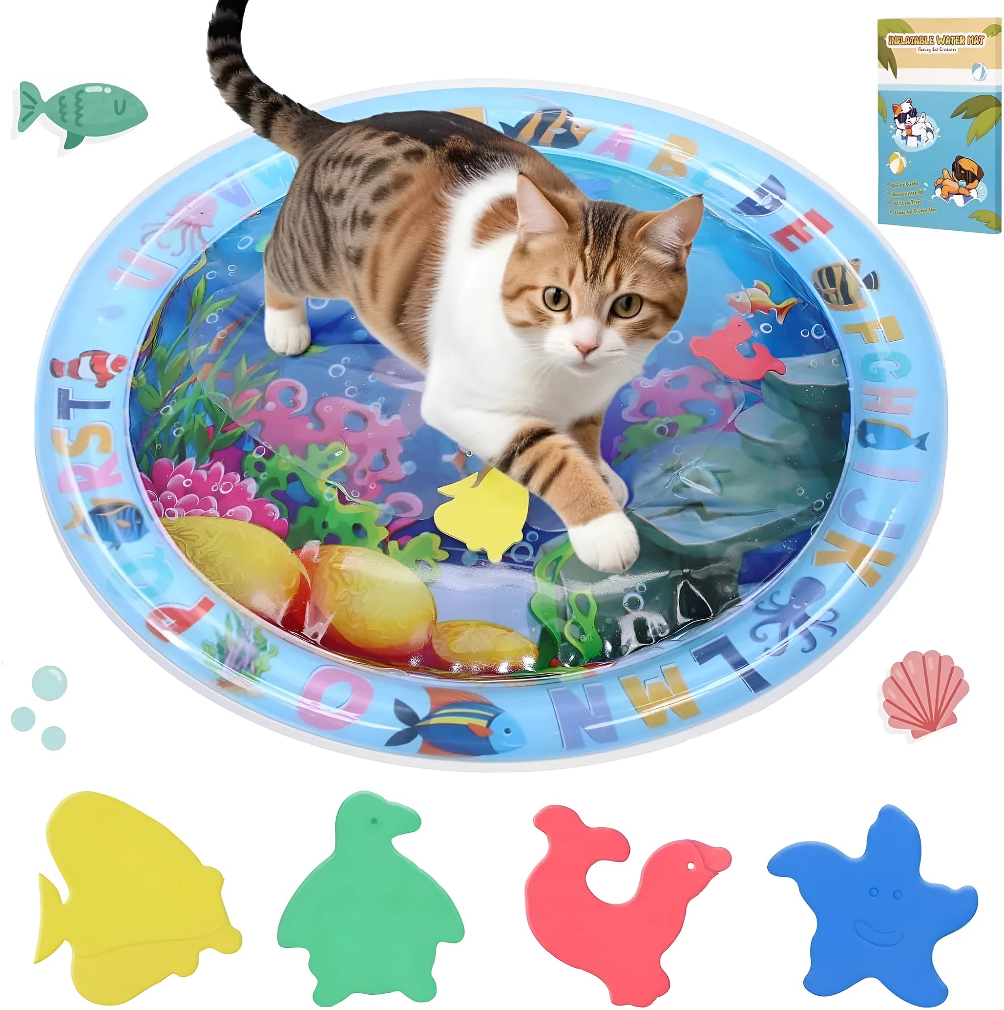 Square blue water playmat for cats on a floor, showing inflated edges and floating fish toys inside.