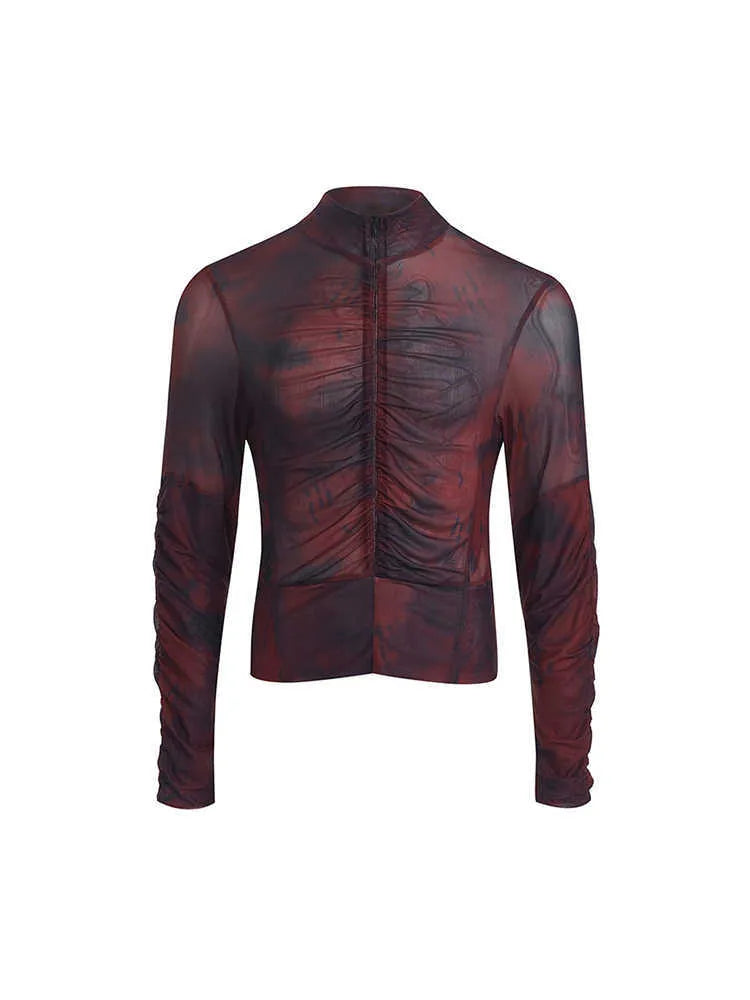 Men's black grey half turtleneck long sleeve t-shirt with mesh fabric and zipper bottom hem detail