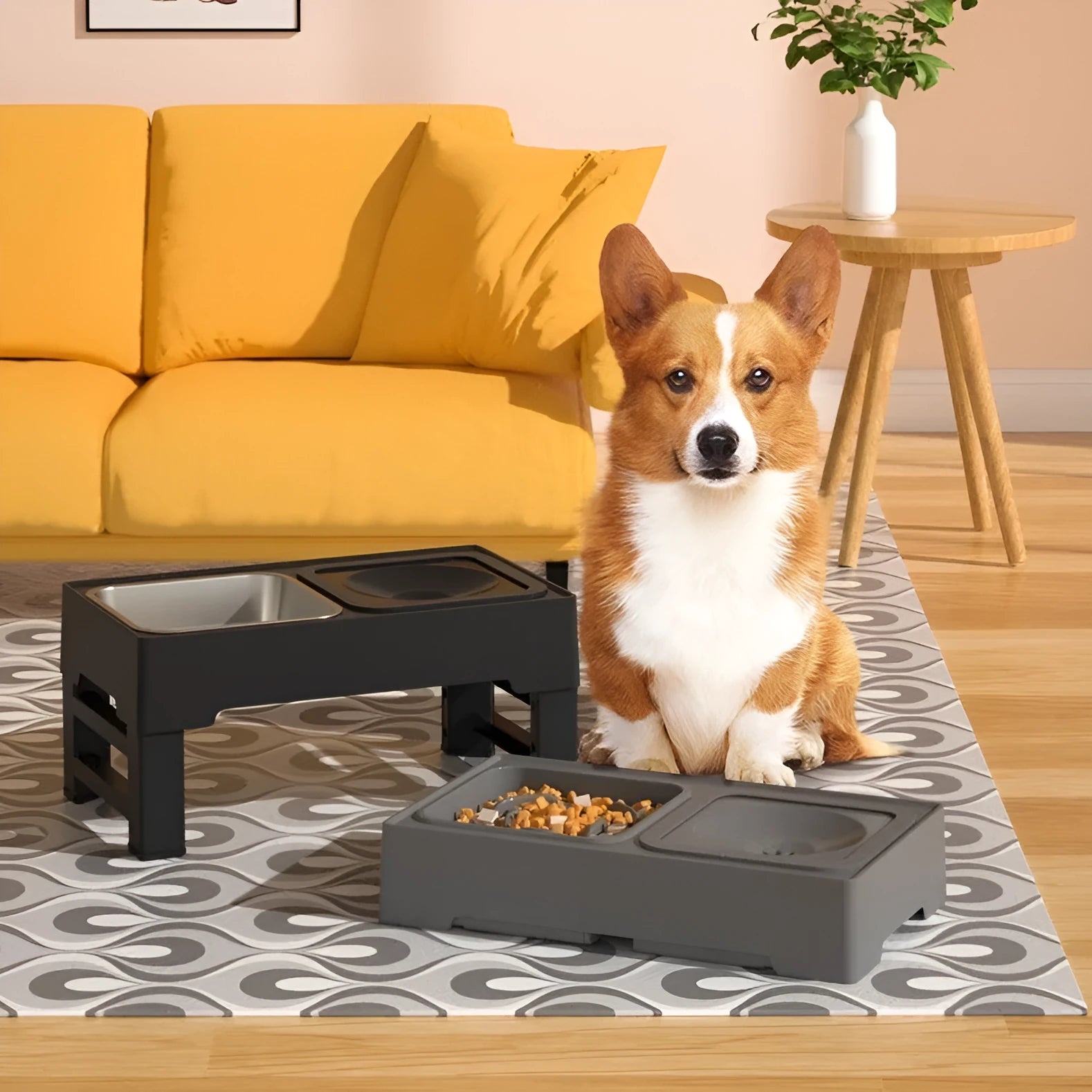 Adjustable height grey dog feeding stand with two stainless steel bowls on an anti-slip base