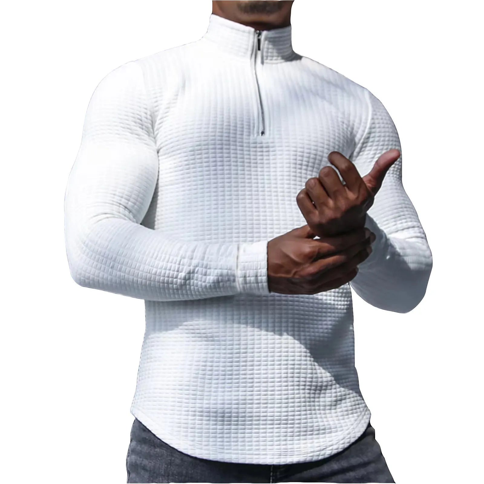 Men's stand collar half zip plaid sweater in polyester, available in multiple colours, front view
