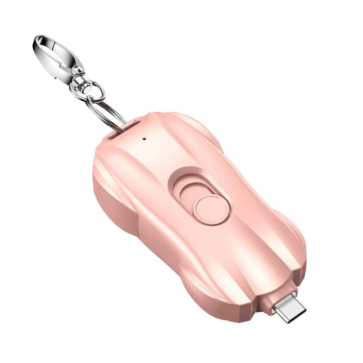 Mini plastic keychain power bank with 1500mAh capacity on a keyring.