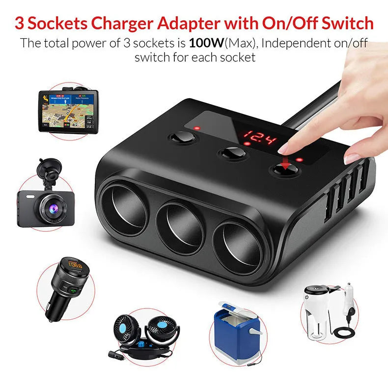 Black ABS car charger with 4 USB ports and 3 cigarette lighter ports on a 12V extension cable