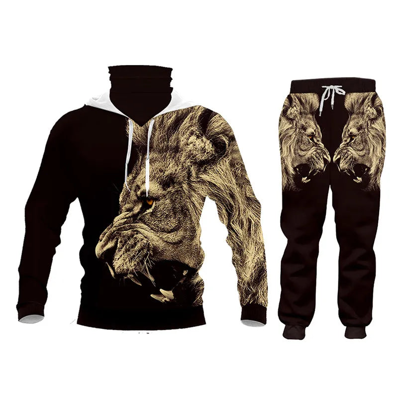 Men's casual tracksuit set with digital print pattern, hoodie and pants in grey