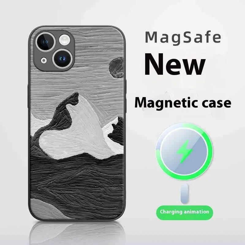 Black and White Mountains patterned silicone phone case with magnetic adsorption for Apple iPhone 11-16 series