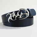 Men's silver buckle casual belt with snap button fastening on PU leather strap