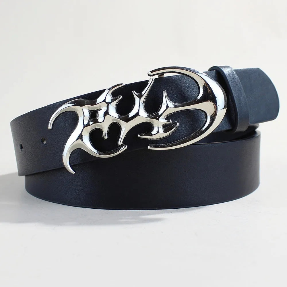 Men's silver buckle casual belt with snap button fastening on PU leather strap