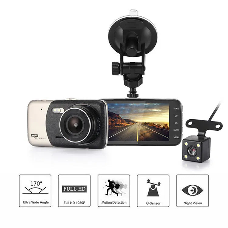 Black HD 1080P car driving recorder with 170° wide angle lens, mounted on windscreen